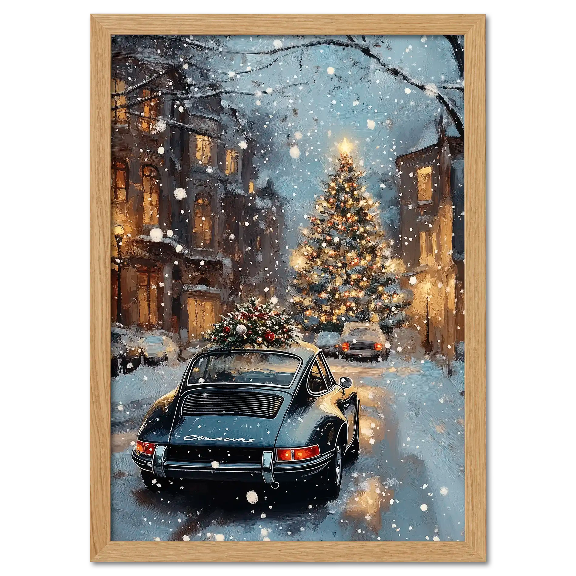 Christmas Drive - Holiday Joyride - Poster showcasing a vintage car in a snowy street with a beautifully lit Christmas tree.