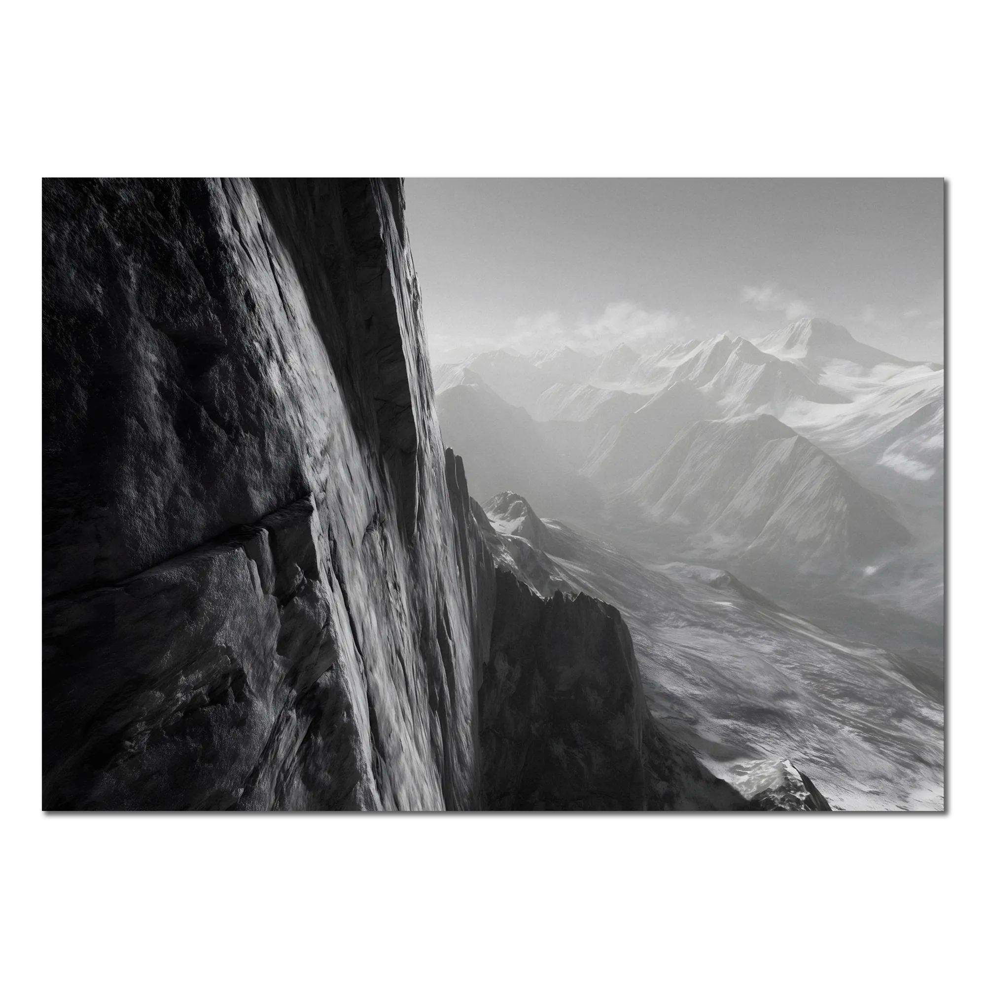 Cliff Light – Alu-Dibond wall art depicting a dramatic alpine wall and misty mountain valleys.