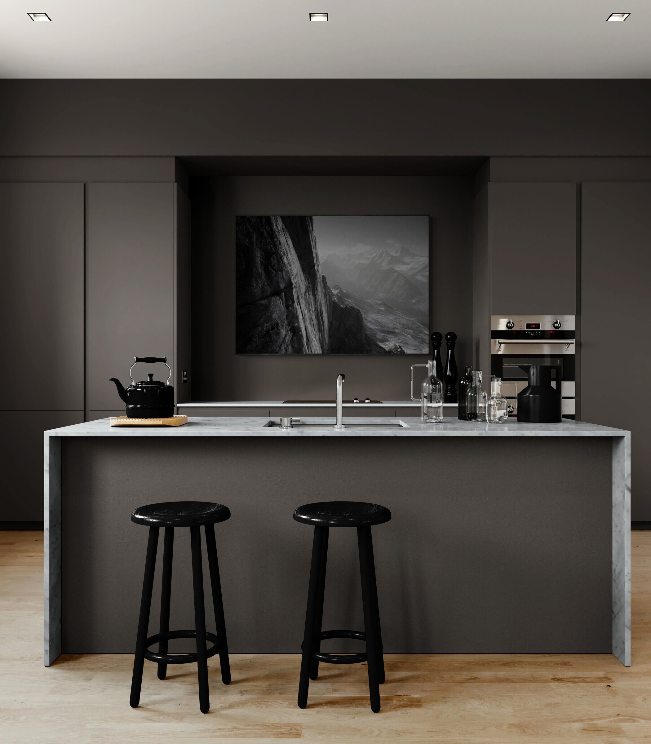 Stylish kitchen featuring Cliff Light – Alu-Dibond wall art above a marble countertop with black stools.