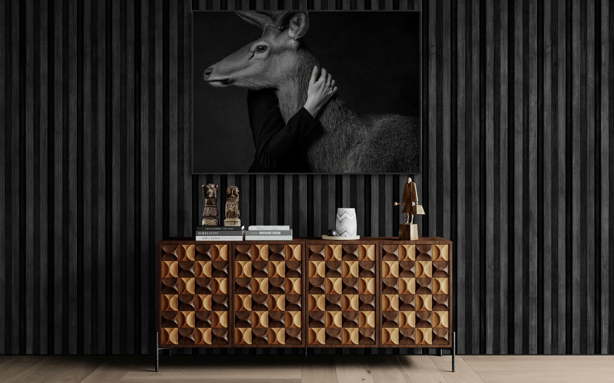 Closeness of an Alpine Deer – Alu-Dibond wall art displayed above a stylish wooden console table.