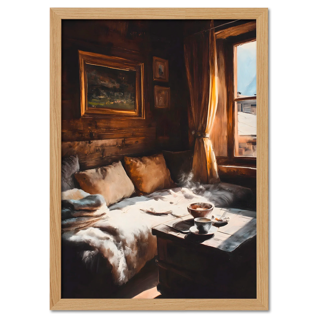 Coffee & Fur, Morning Heat - Poster depicting a cozy wooden chalet with soft morning light and a steaming cup of coffee.