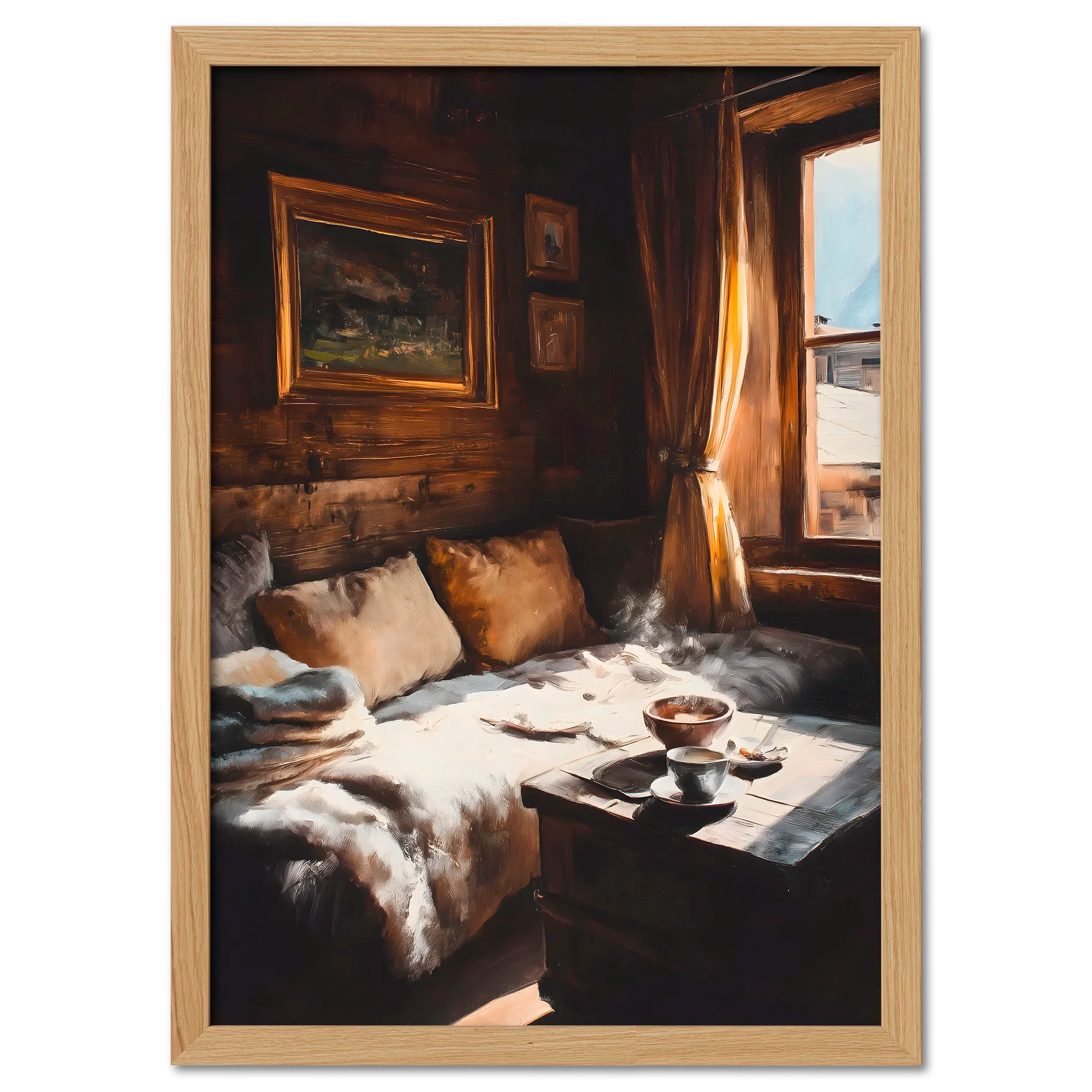 Coffee & Fur, Morning Heat - Poster depicting a cozy wooden chalet with soft morning light and a steaming cup of coffee.