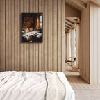 Coffee & Fur, Morning Heat - Poster displayed in a wooden chalet interior, enhancing the cozy atmosphere.