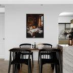 Coffee & Fur, Morning Heat - Poster hanging in a modern dining area with cozy decor and warm lighting.