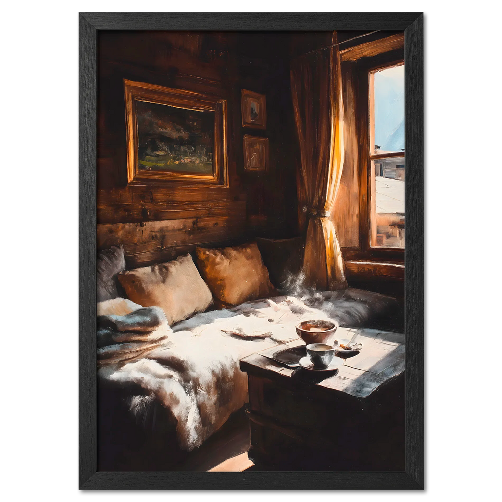 Coffee & Fur, Morning Heat - Poster showing a cozy wooden chalet corner with a steaming cup of coffee on a table.