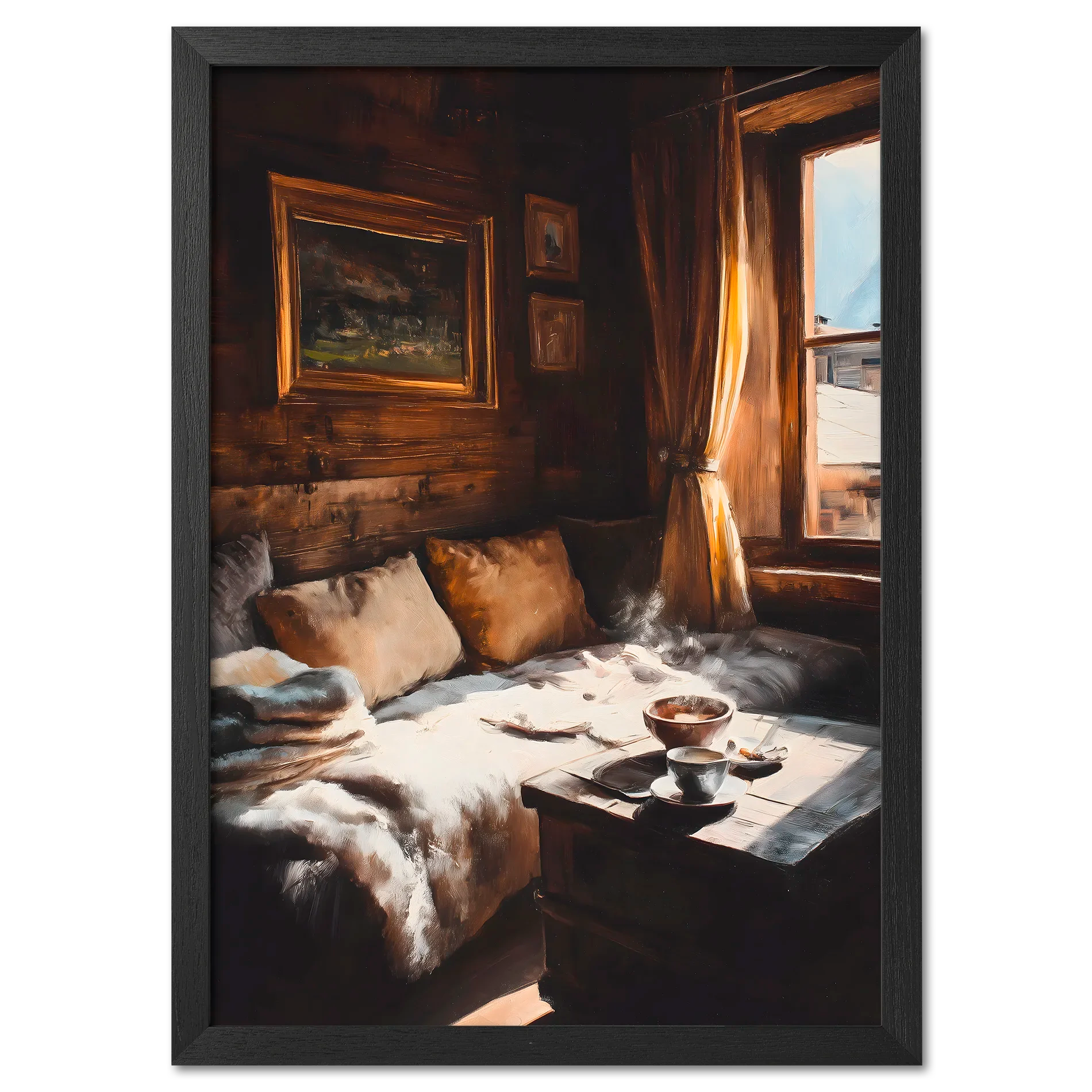 Coffee & Fur, Morning Heat - Poster showing a cozy wooden chalet corner with a steaming cup of coffee on a table.