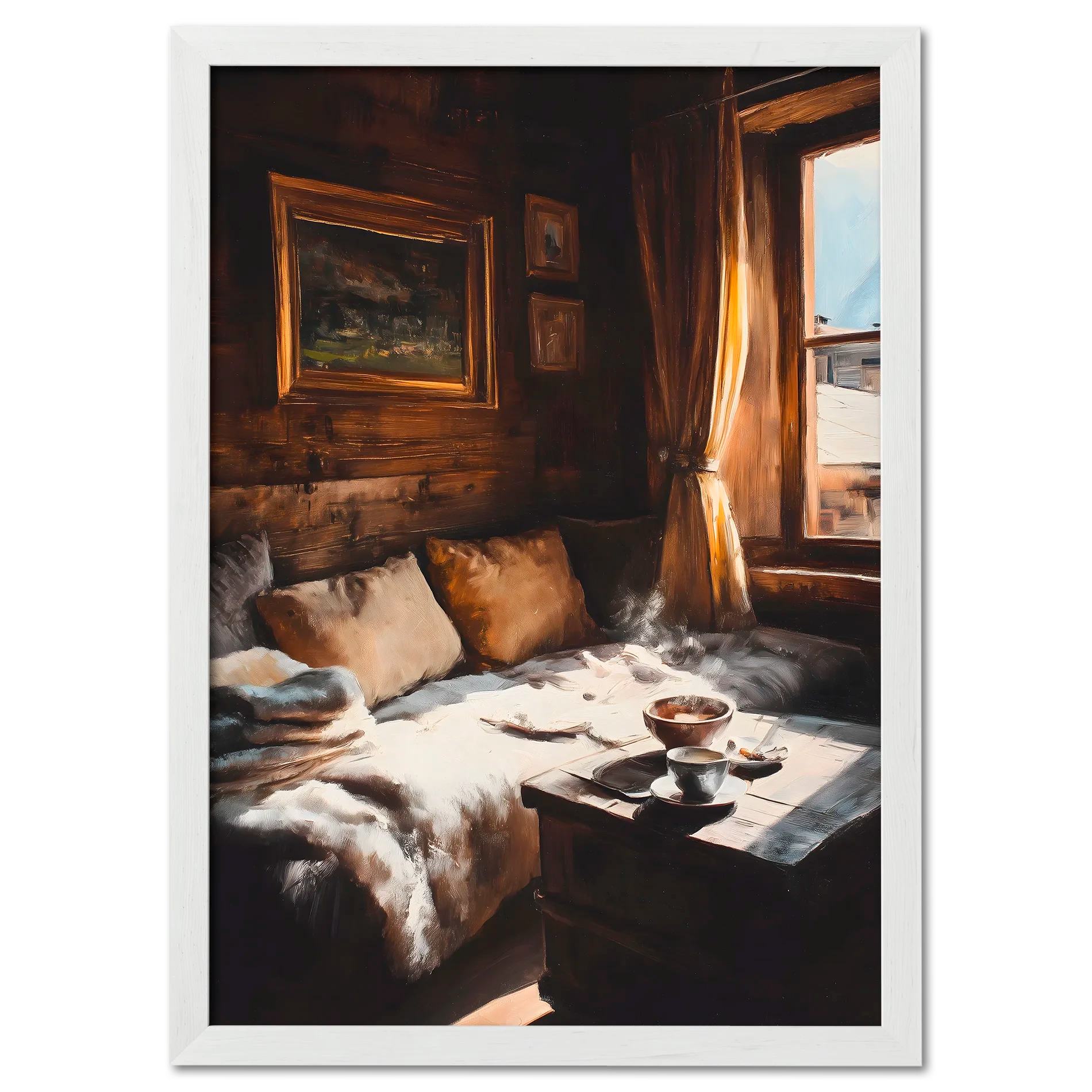 Coffee & Fur, Morning Heat - Poster shows a cozy chalet interior with morning light and a steaming cup of coffee.