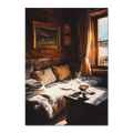 Coffee & Fur, Morning Heat - Poster depicting a cozy wooden chalet corner with warm light and steaming coffee.