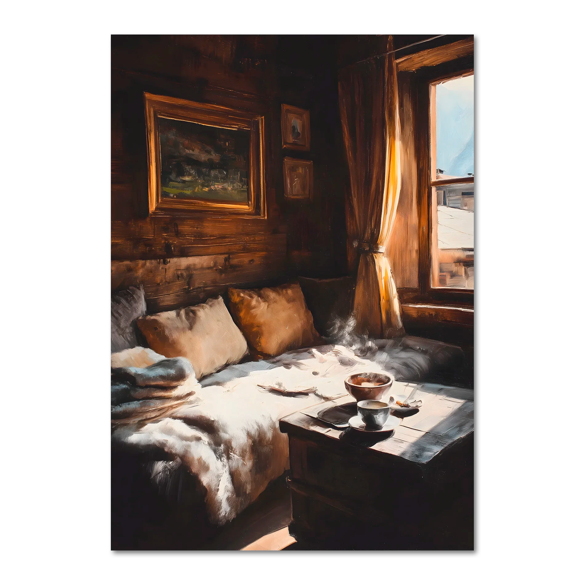 Coffee & Fur, Morning Heat - Poster depicting a cozy wooden chalet corner with warm light and steaming coffee.