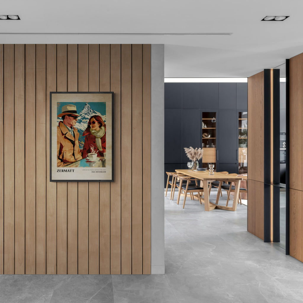 Coffee for Two,Zermatt - Poster displayed in a modern interior, showcasing vintage elegance and Swiss charm.