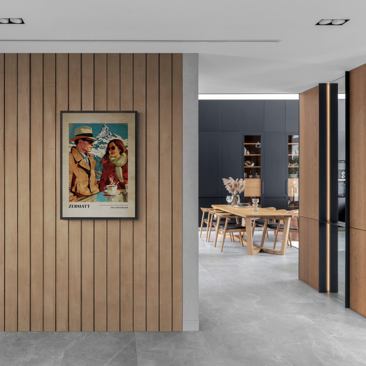 Coffee for Two,Zermatt - Poster displayed in a modern interior, showcasing vintage elegance and Swiss charm.