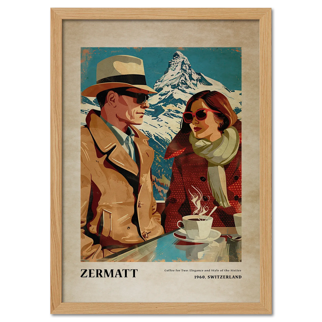 Coffee for Two,Zermatt - Poster featuring a stylish couple enjoying coffee with the Matterhorn in the background.