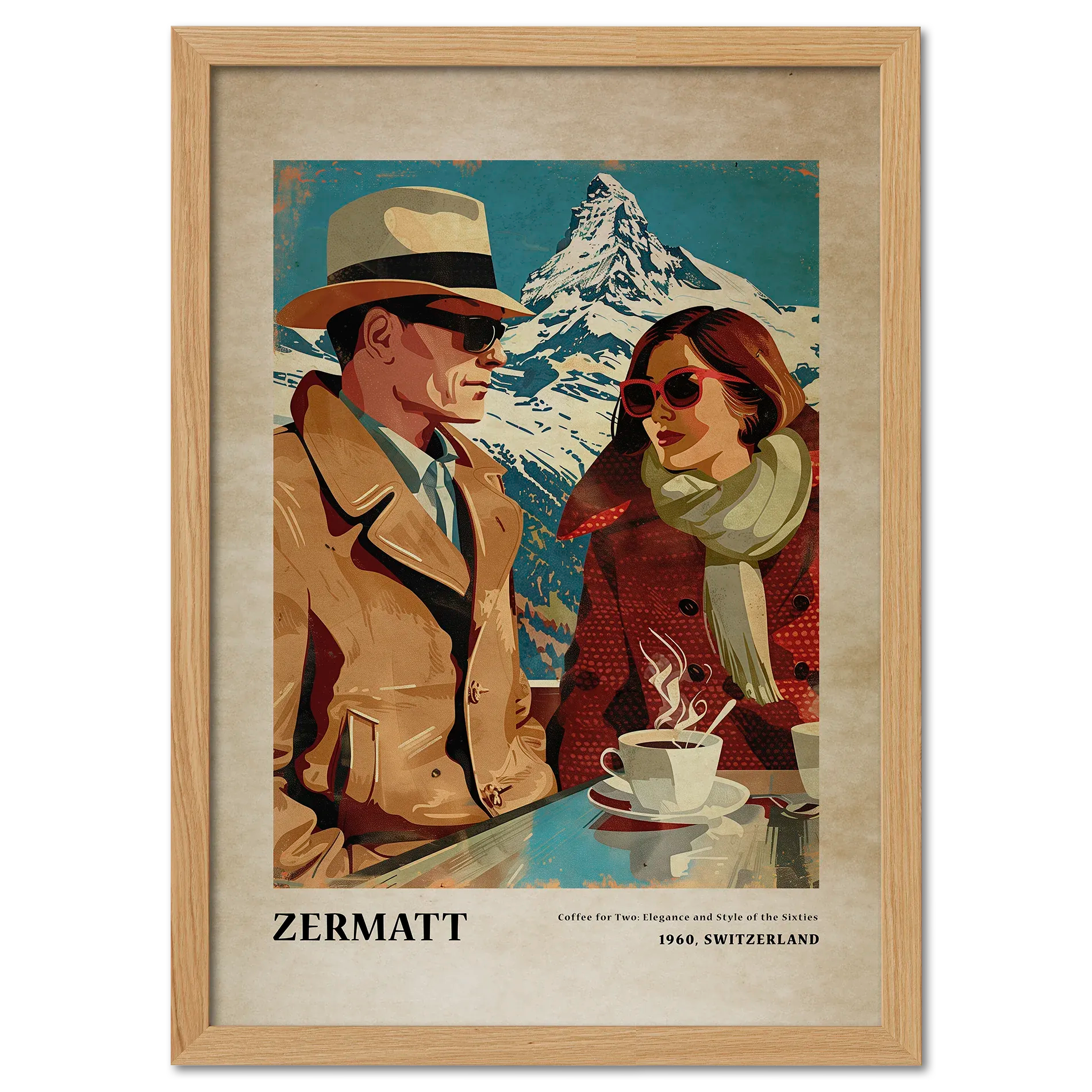 Coffee for Two,Zermatt - Poster featuring a stylish couple enjoying coffee with the Matterhorn in the background.
