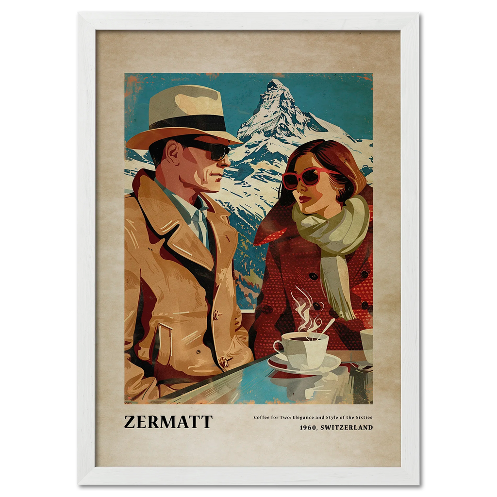 Coffee for Two,Zermatt - Poster featuring stylish couple in vintage 1960s setting with Matterhorn background.