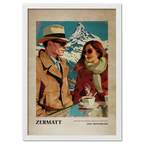 Coffee for Two,Zermatt - Poster featuring stylish couple in vintage 1960s setting with Matterhorn background.