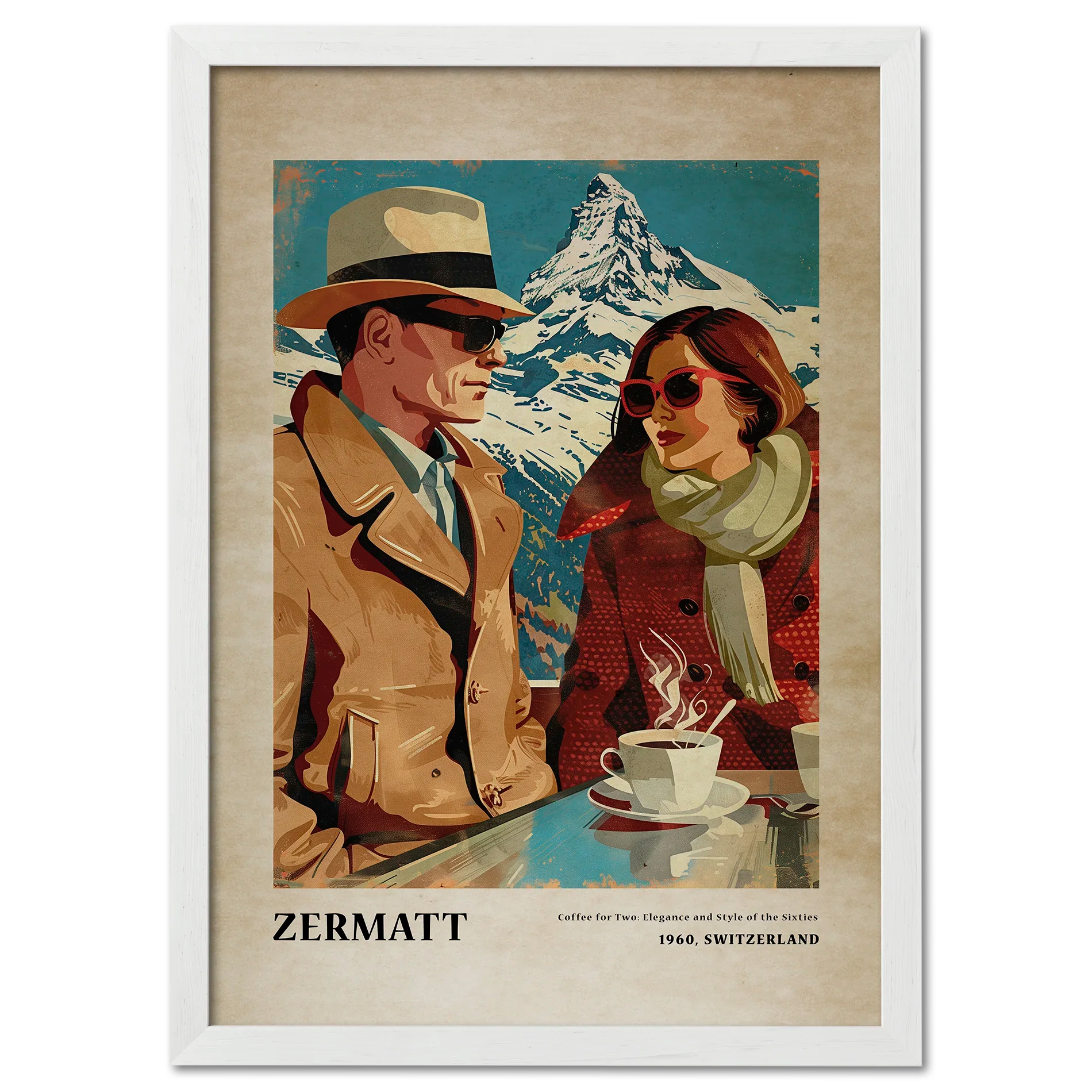 Coffee for Two,Zermatt - Poster featuring stylish couple in vintage 1960s setting with Matterhorn background.