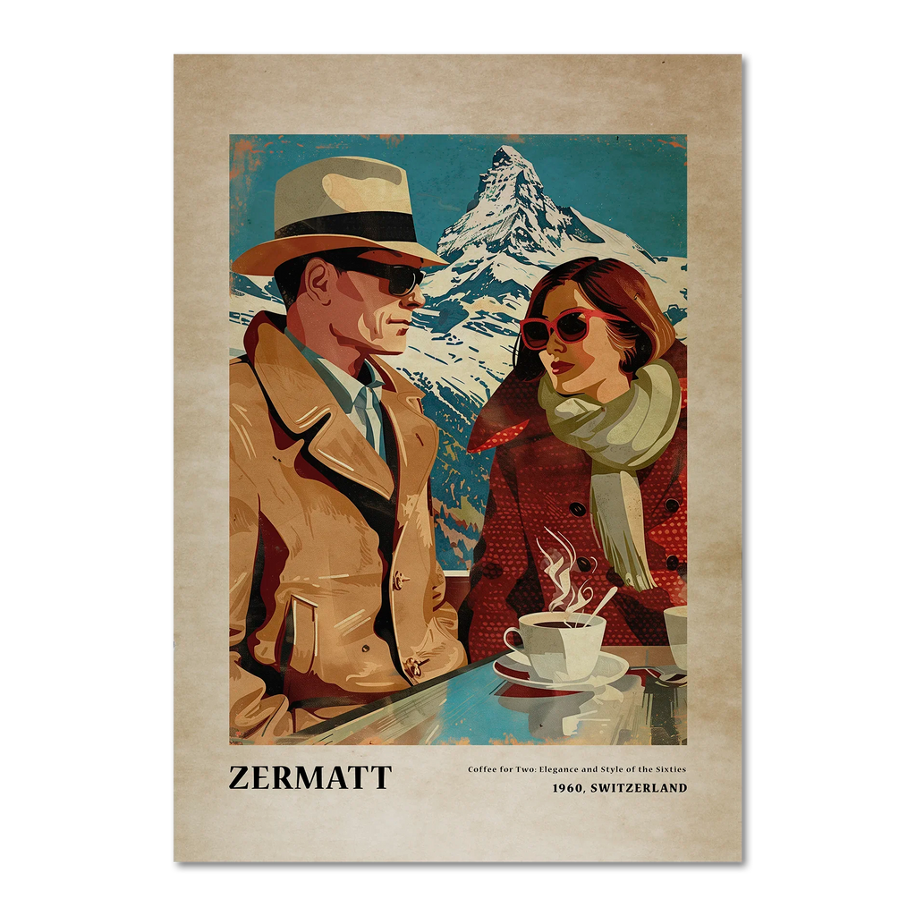 Coffee for Two,Zermatt - Poster featuring a couple enjoying coffee with the Matterhorn in vintage style.