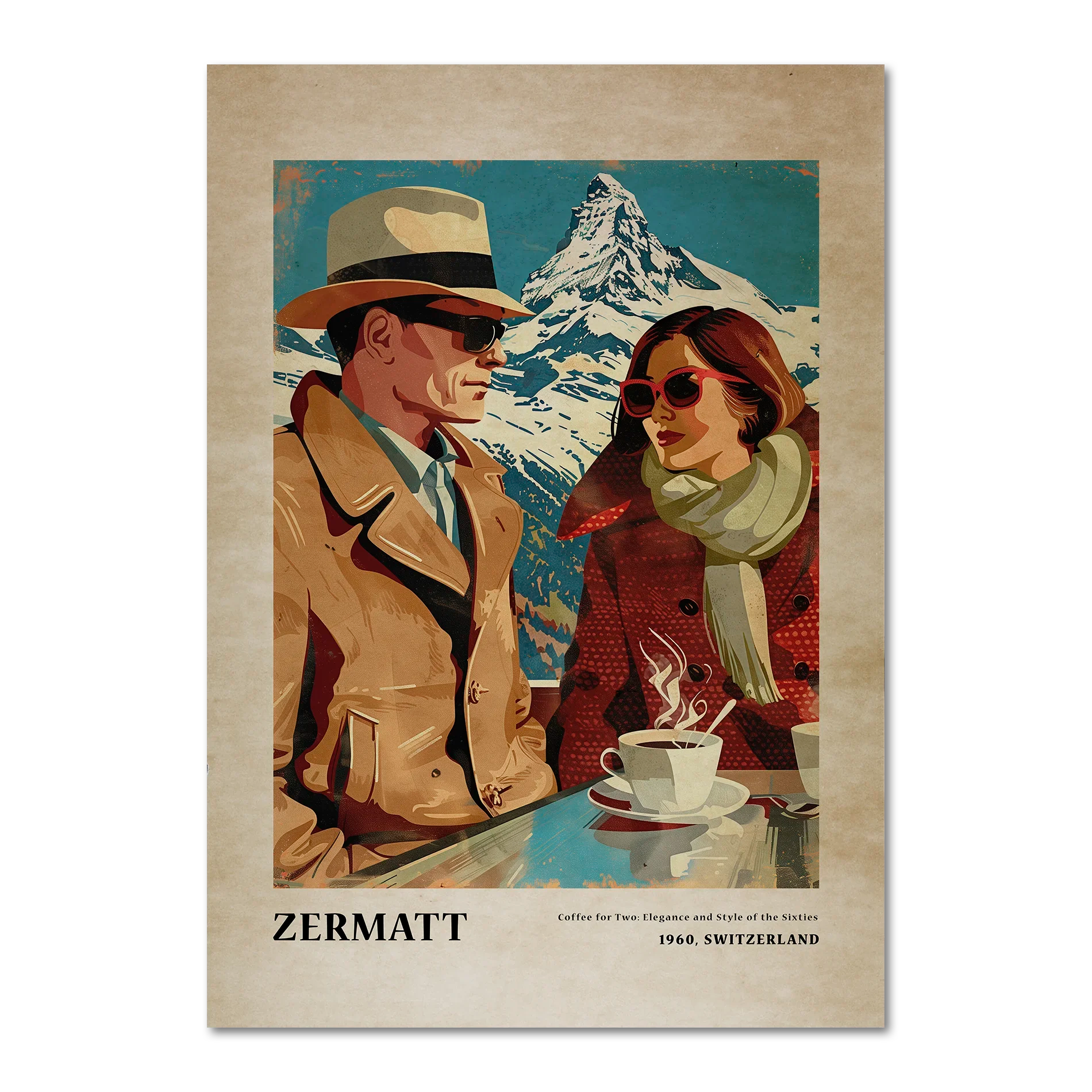 Coffee for Two,Zermatt - Poster featuring a couple enjoying coffee with the Matterhorn in vintage style.