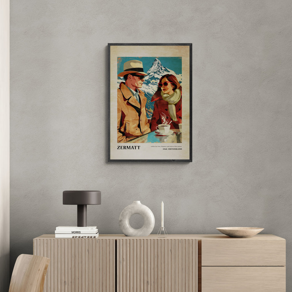 Coffee for Two,Zermatt - Poster featuring a stylish couple with Matterhorn in a vintage 1960s travel-poster style.
