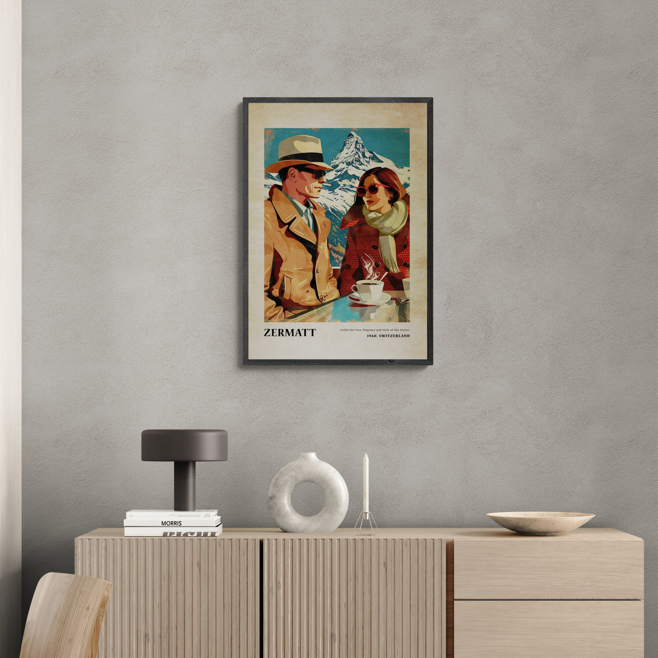 Coffee for Two,Zermatt - Poster featuring a stylish couple with Matterhorn in a vintage 1960s travel-poster style.