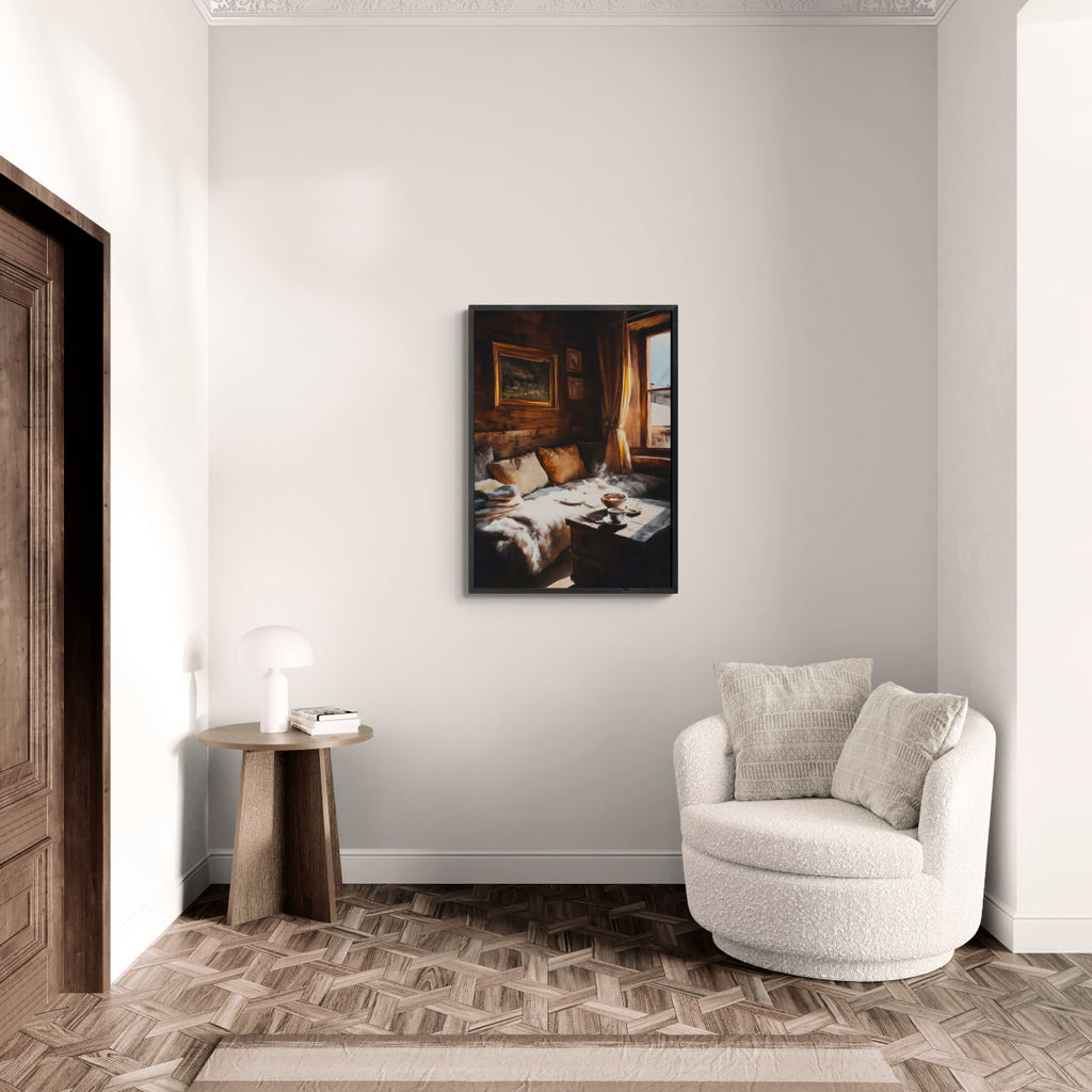 Coffee & Fur, Morning Heat - Poster displayed in a cozy, modern living room with warm wood tones and soft furnishings.