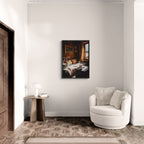 Coffee & Fur, Morning Heat - Poster displayed in a cozy, modern living room with warm wood tones and soft furnishings.