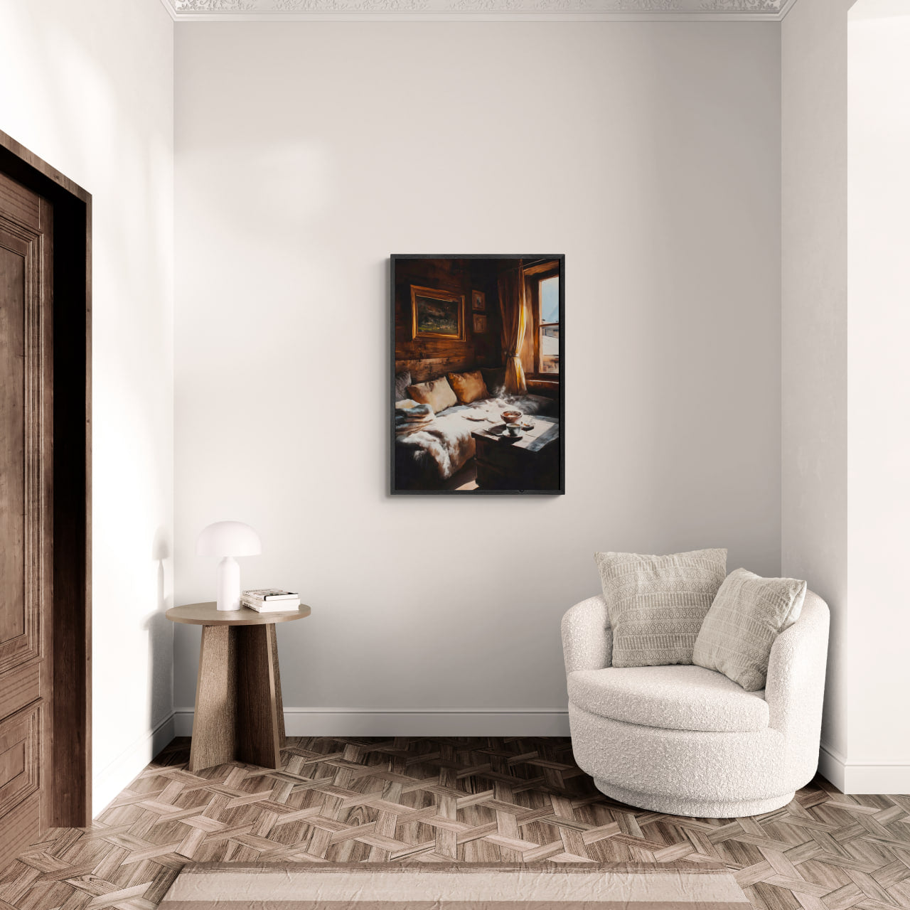 Coffee & Fur, Morning Heat - Poster displayed in a cozy, modern living room with warm wood tones and soft furnishings.