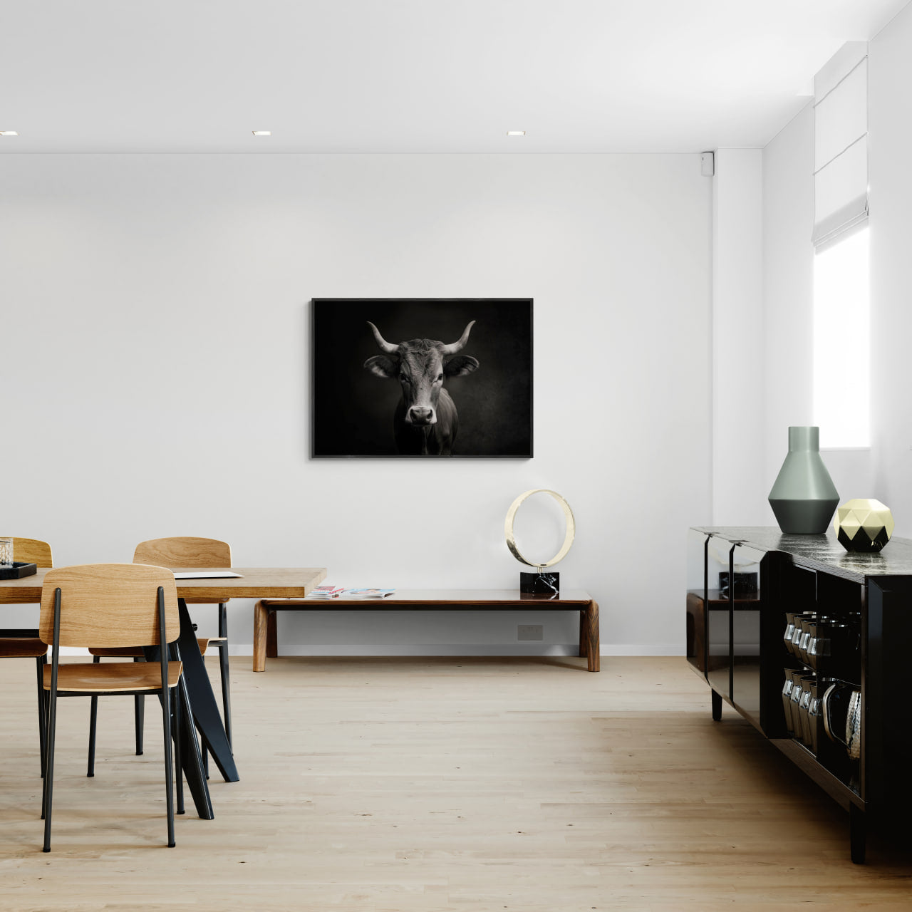 The charisma of a cow - Alu-Dibond wall art in a modern dining room setting.