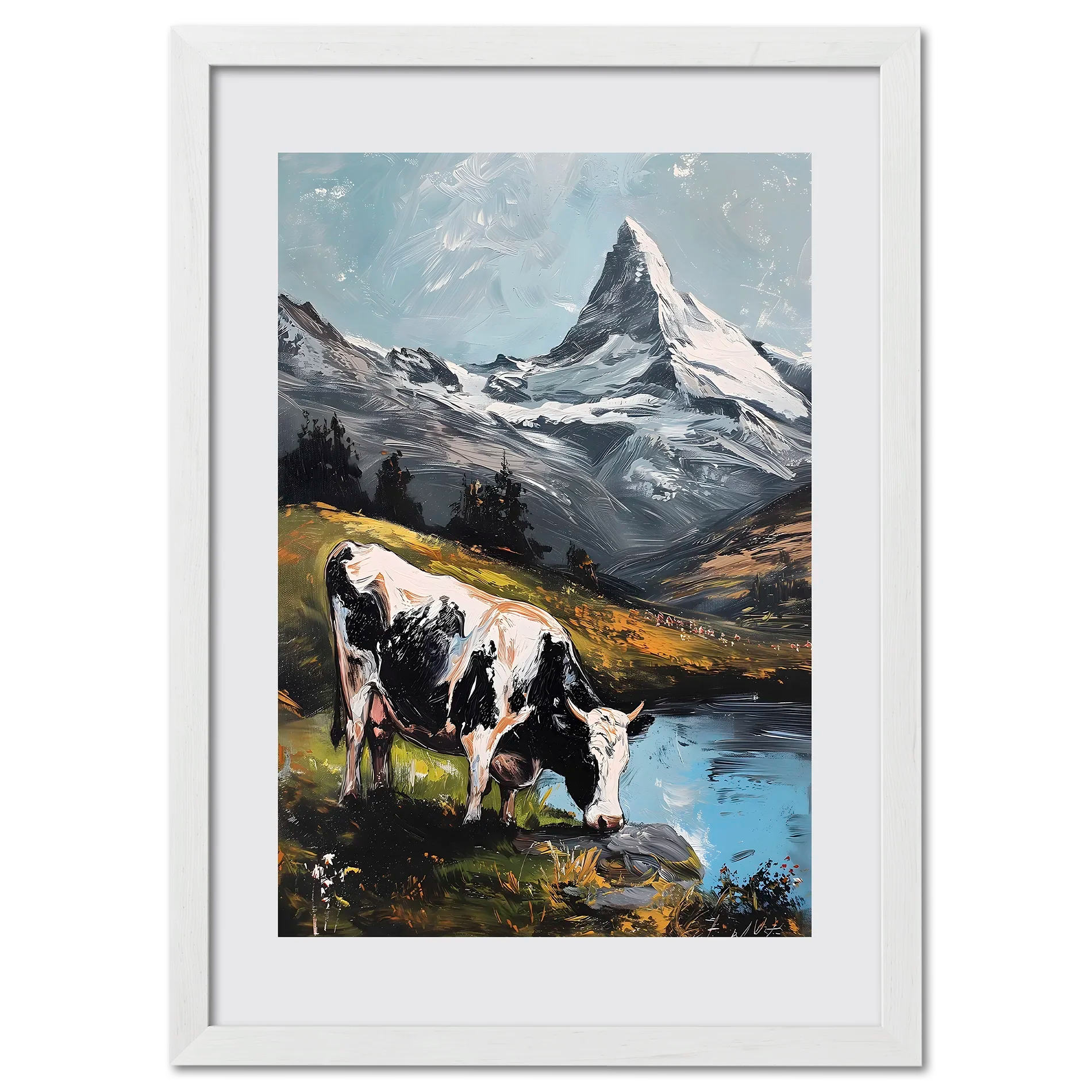 Cow in the Meadows of Mount Matterhorn - Poster featuring a cow near a lake with the Matterhorn in the background.