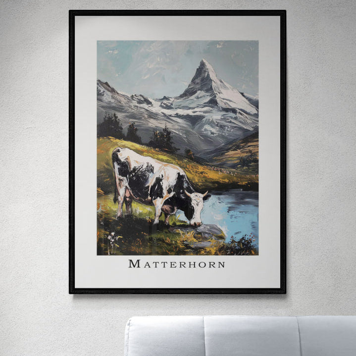 Cow in the Meadows of Mount Matterhorn - Poster showcasing a cow by a clear lake with the Matterhorn backdrop.