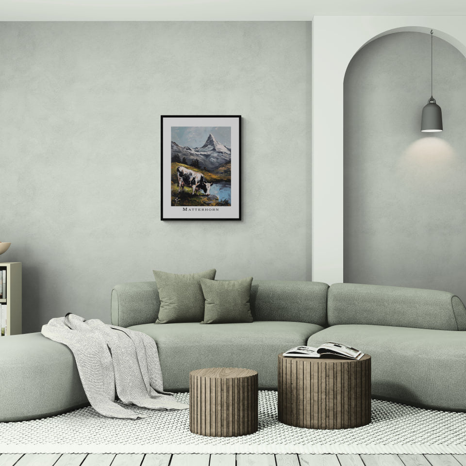 Cow in the Meadows of Mount Matterhorn - Poster framed in a modern living room with cozy decor.