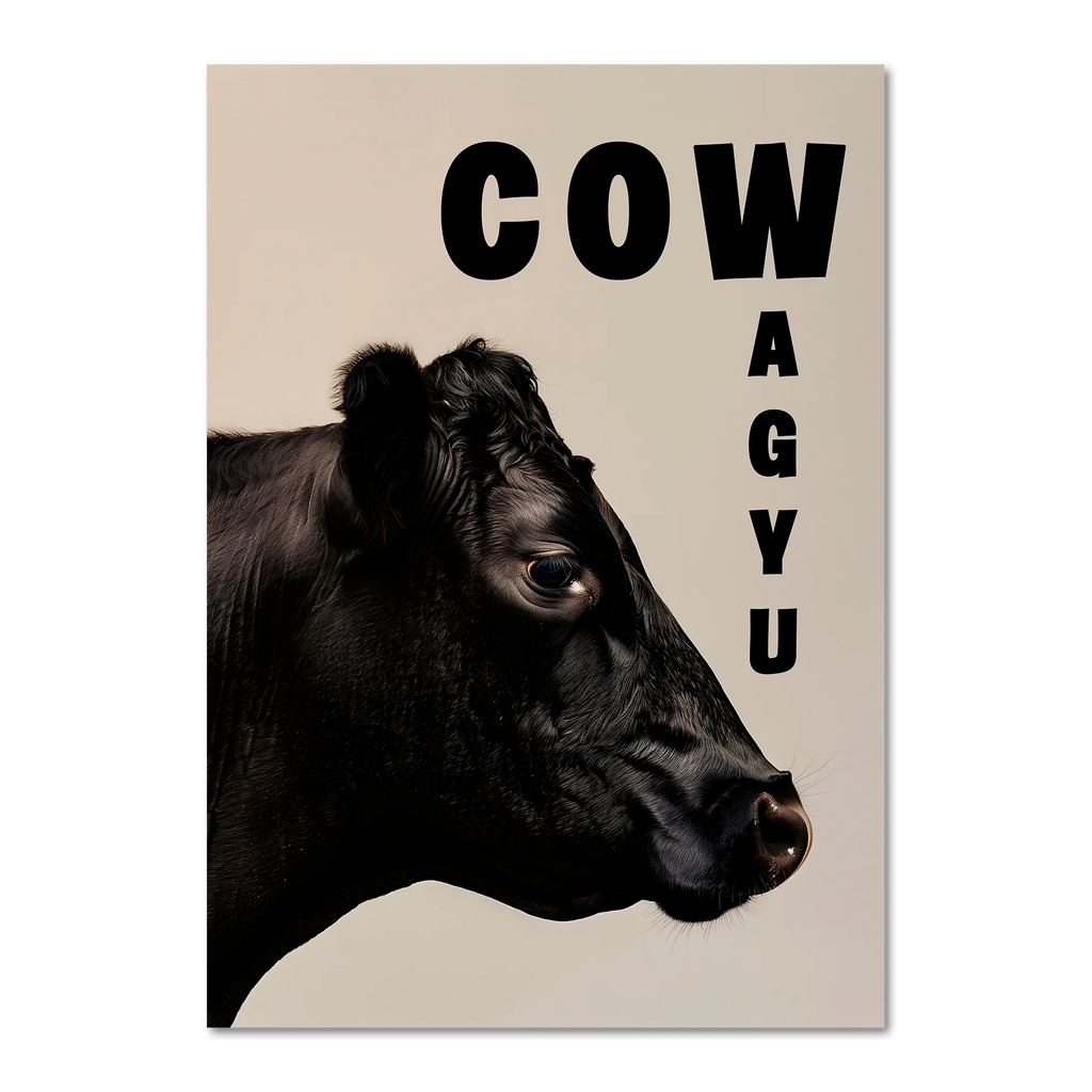 Cow Wagyu - Poster featuring a detailed side portrait of a black Wagyu cow on a minimalist background.
