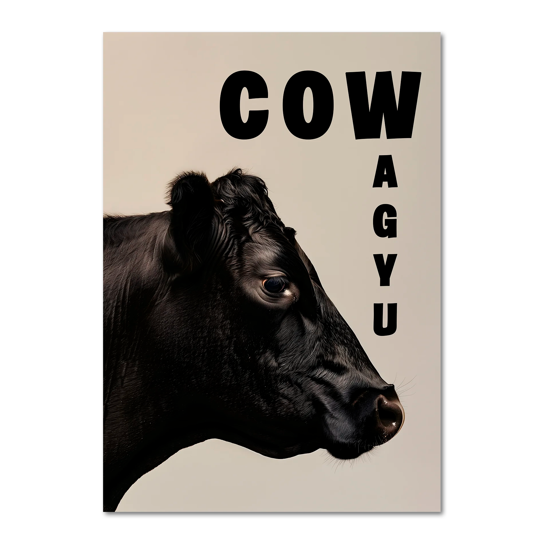Cow Wagyu - Poster featuring a detailed side portrait of a black Wagyu cow on a minimalist background.