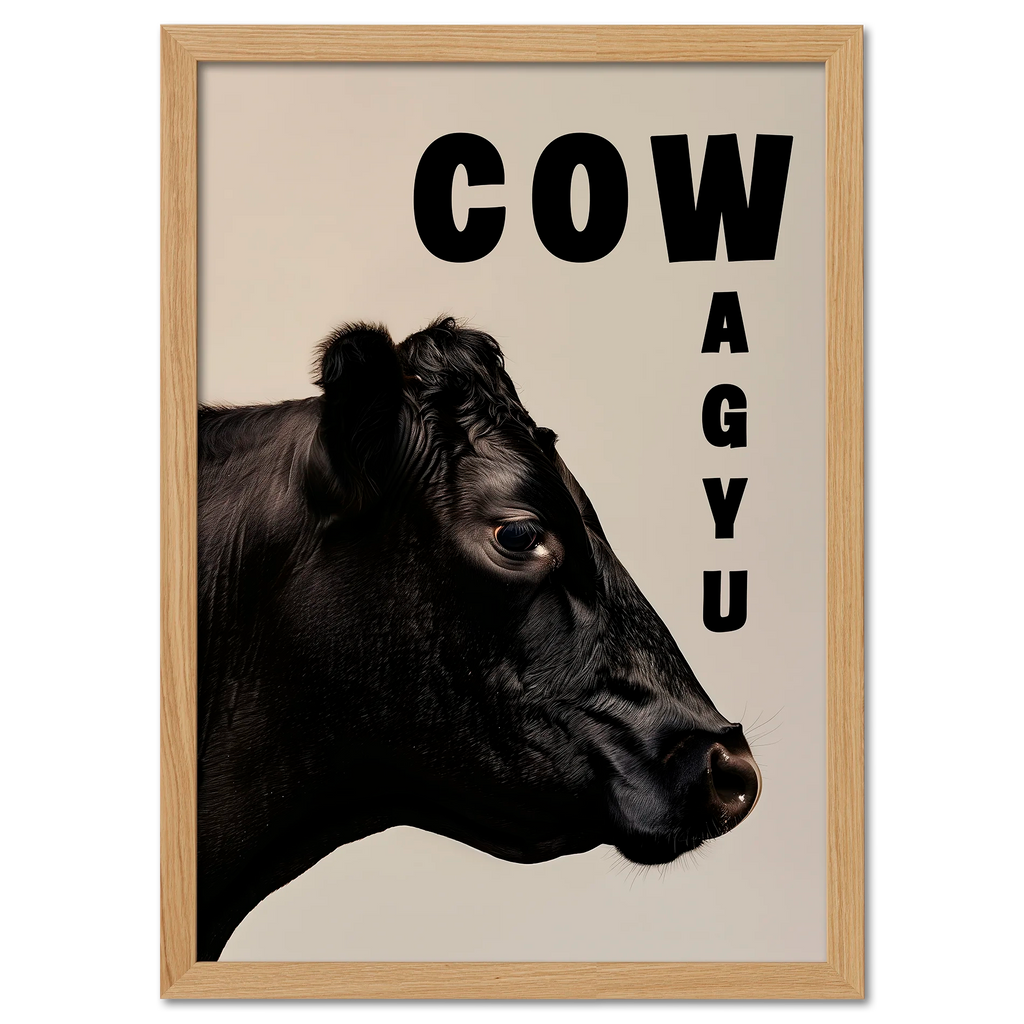 Cow Wagyu - Poster showcasing a detailed side portrait of a black Wagyu cow with modern typography.