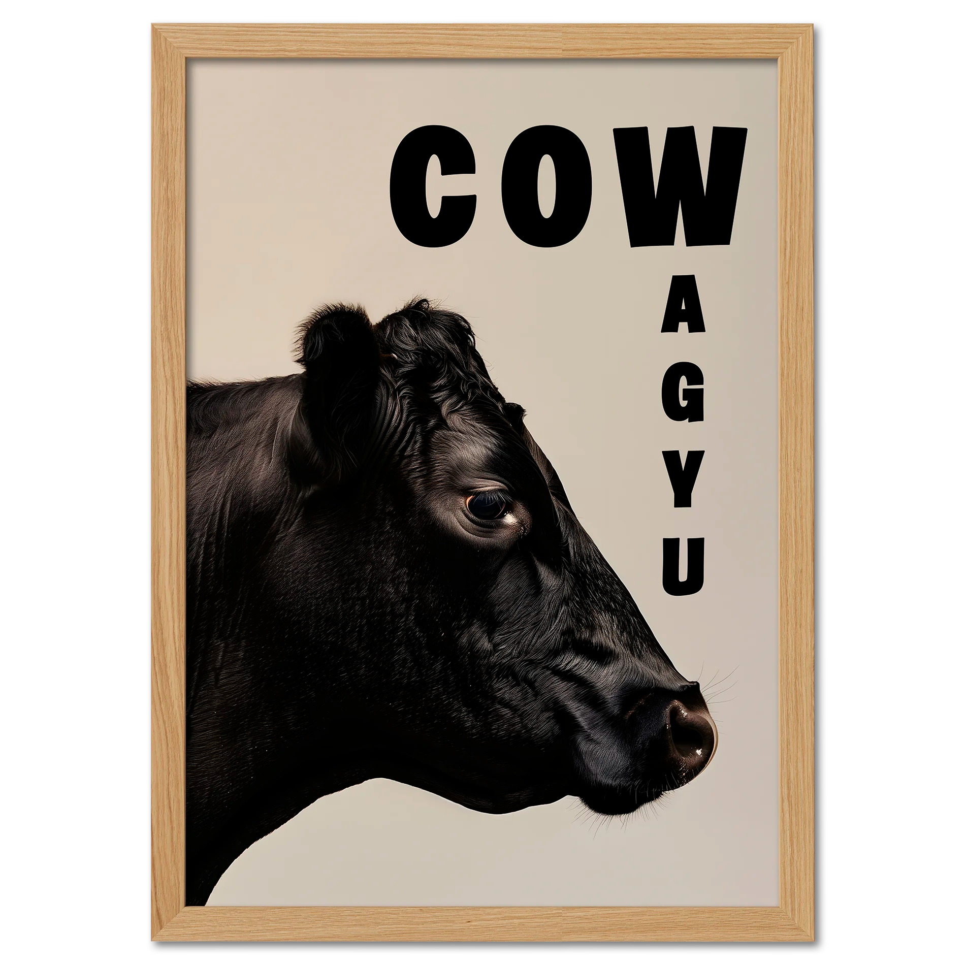 Cow Wagyu - Poster showcasing a detailed side portrait of a black Wagyu cow with modern typography.