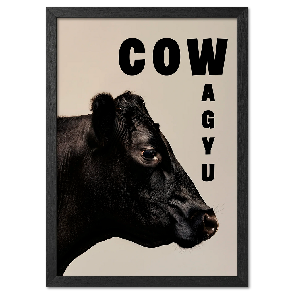Cow Wagyu - Poster showing a detailed portrait of a black Wagyu cow with bold typography.