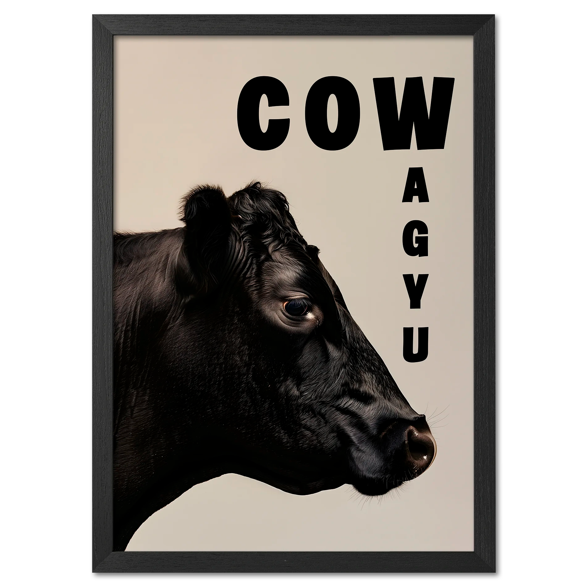 Cow Wagyu - Poster showing a detailed portrait of a black Wagyu cow with bold typography.