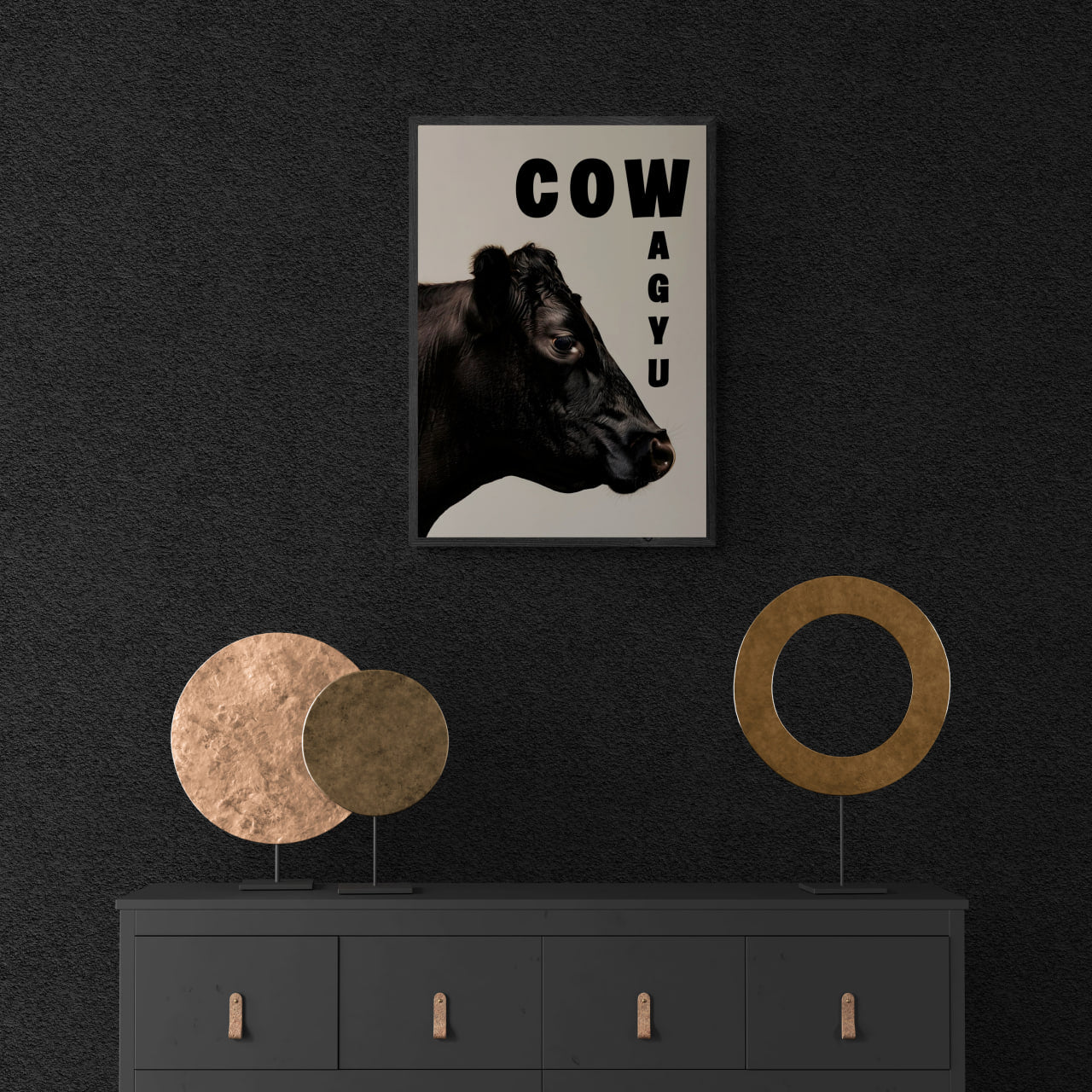 Cow Wagyu - Poster featuring a side portrait of a black Wagyu cow, perfect wall art for modern interiors.