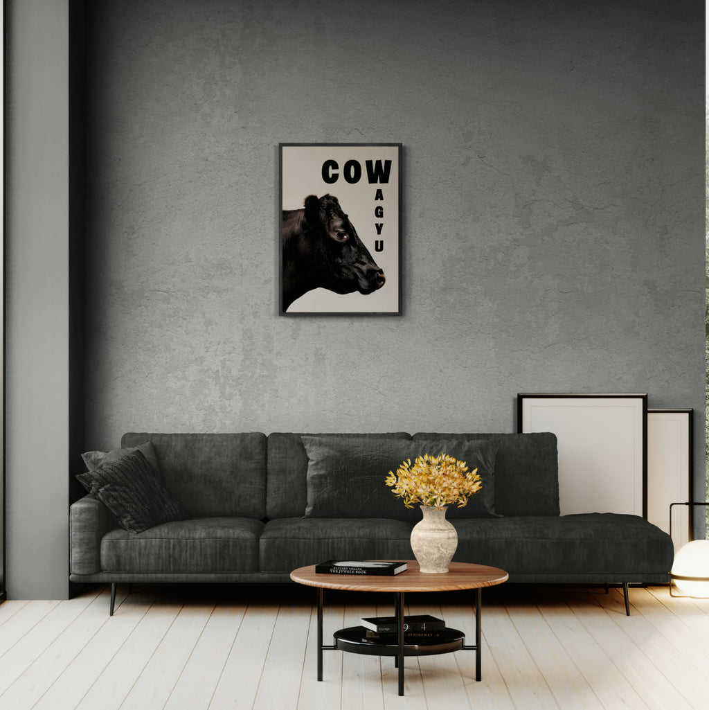Cow Wagyu - Poster artwork displayed in a modern living room featuring a black cow portrait.