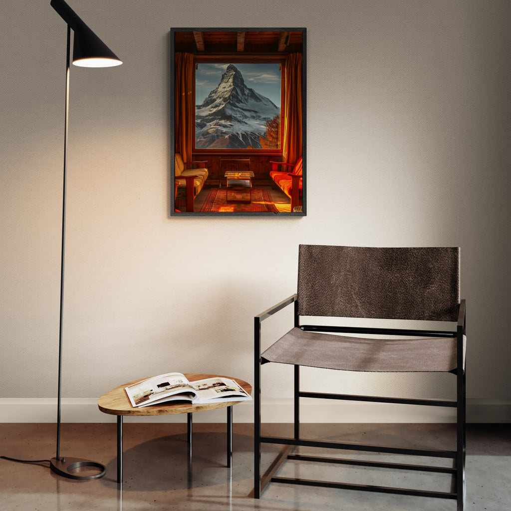 Chalet with a View - Poster showcasing a cozy wooden interior and Matterhorn view, perfect wall art for modern minimalist decor.