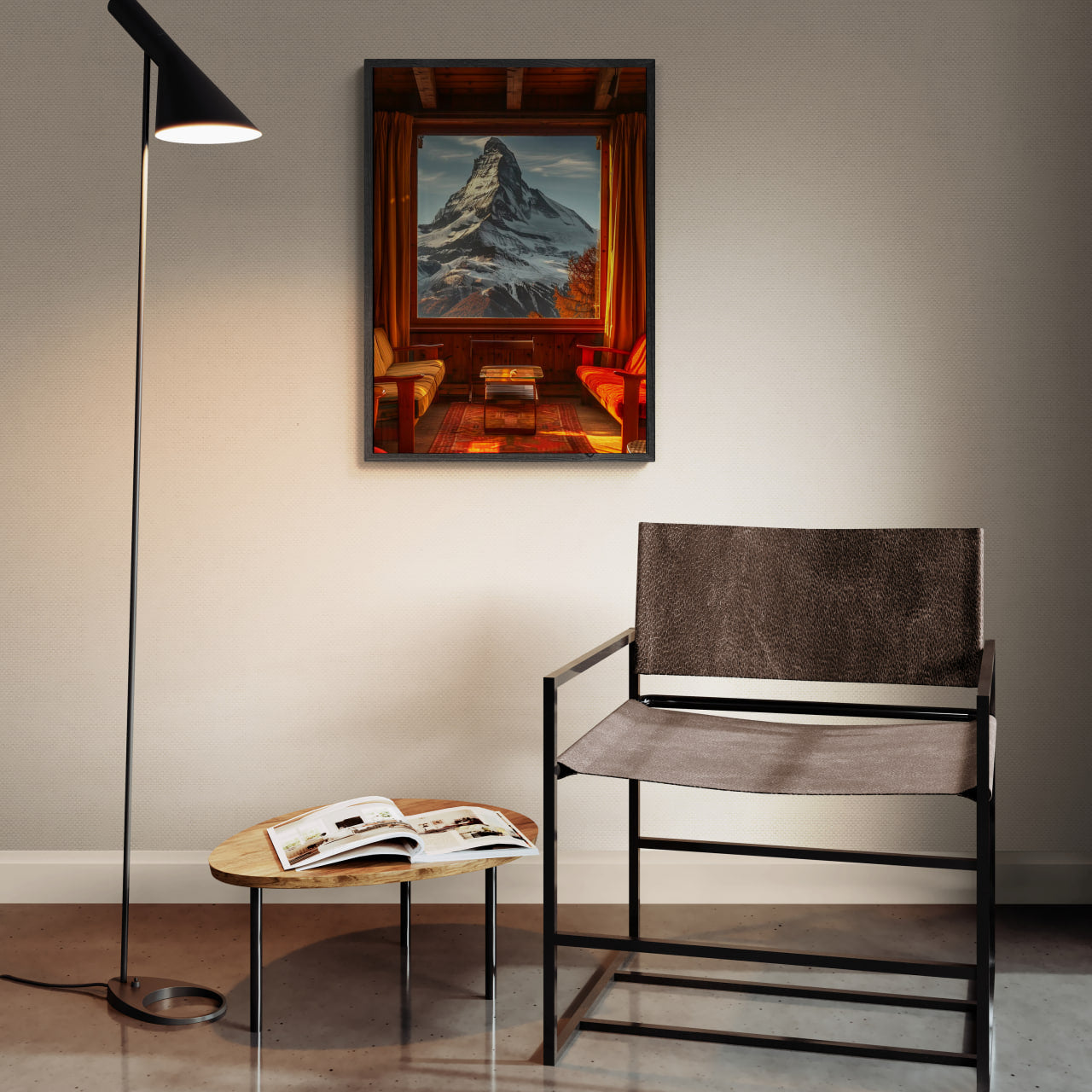 Chalet with a View - Poster showcasing a cozy wooden interior and Matterhorn view, perfect wall art for modern minimalist decor.