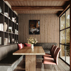 Coffee & Fur, Morning Heat - Poster in a wooden chalet dining area with cozy seating and soft natural light.