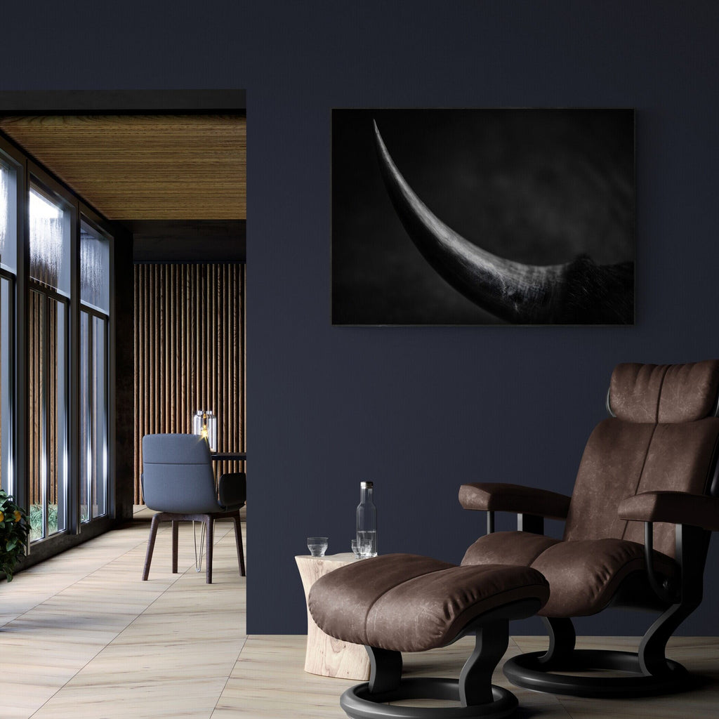 Curve of a Bull – Alu-Dibond wall art displayed in a modern living room with elegant decor.