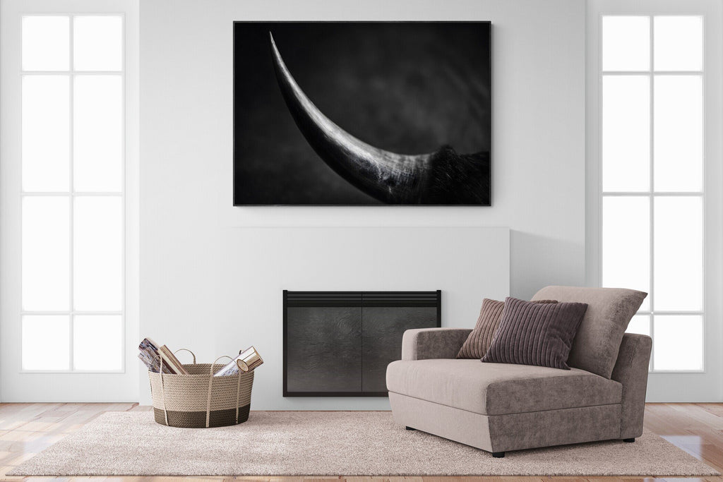 Curve of a Bull – Alu-Dibond wall art displayed in a modern living room with a stylish armchair.