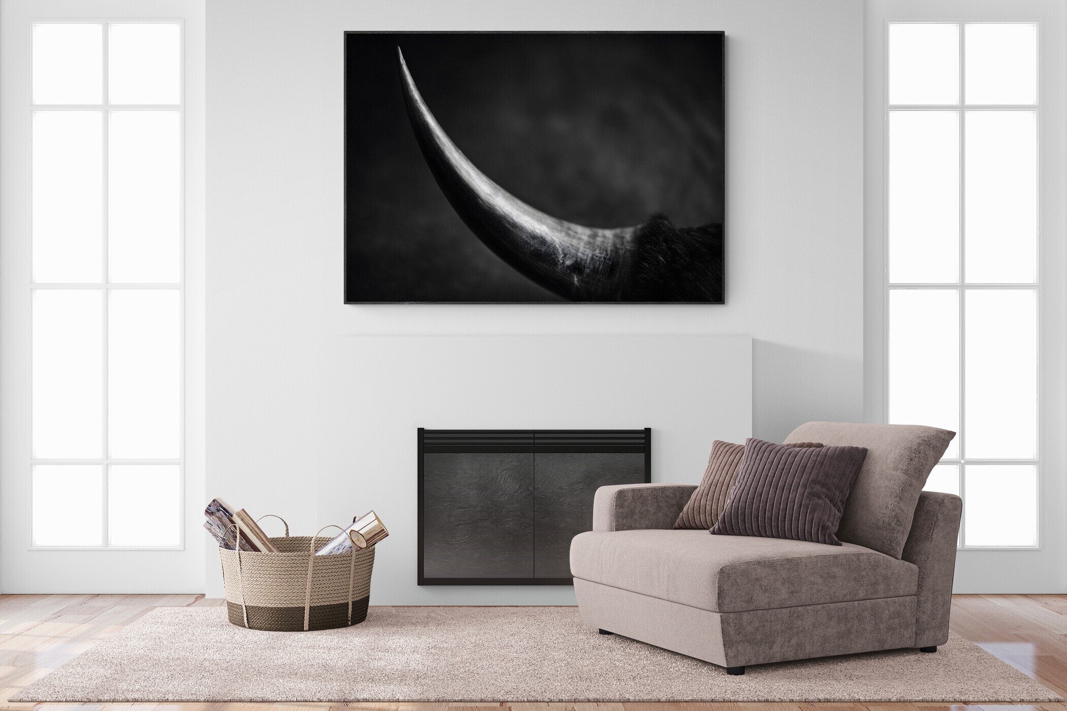 Curve of a Bull – Alu-Dibond wall art displayed in a modern living room with a stylish armchair.