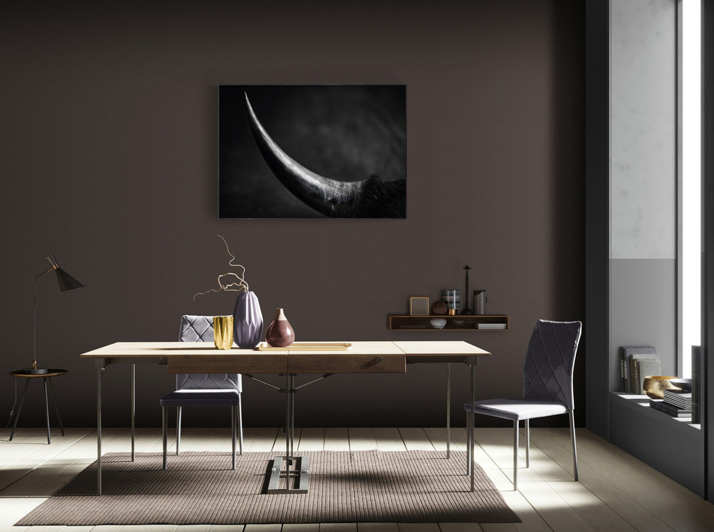 Curve of a Bull – Alu-Dibond wall art displayed in a modern dining room setting.