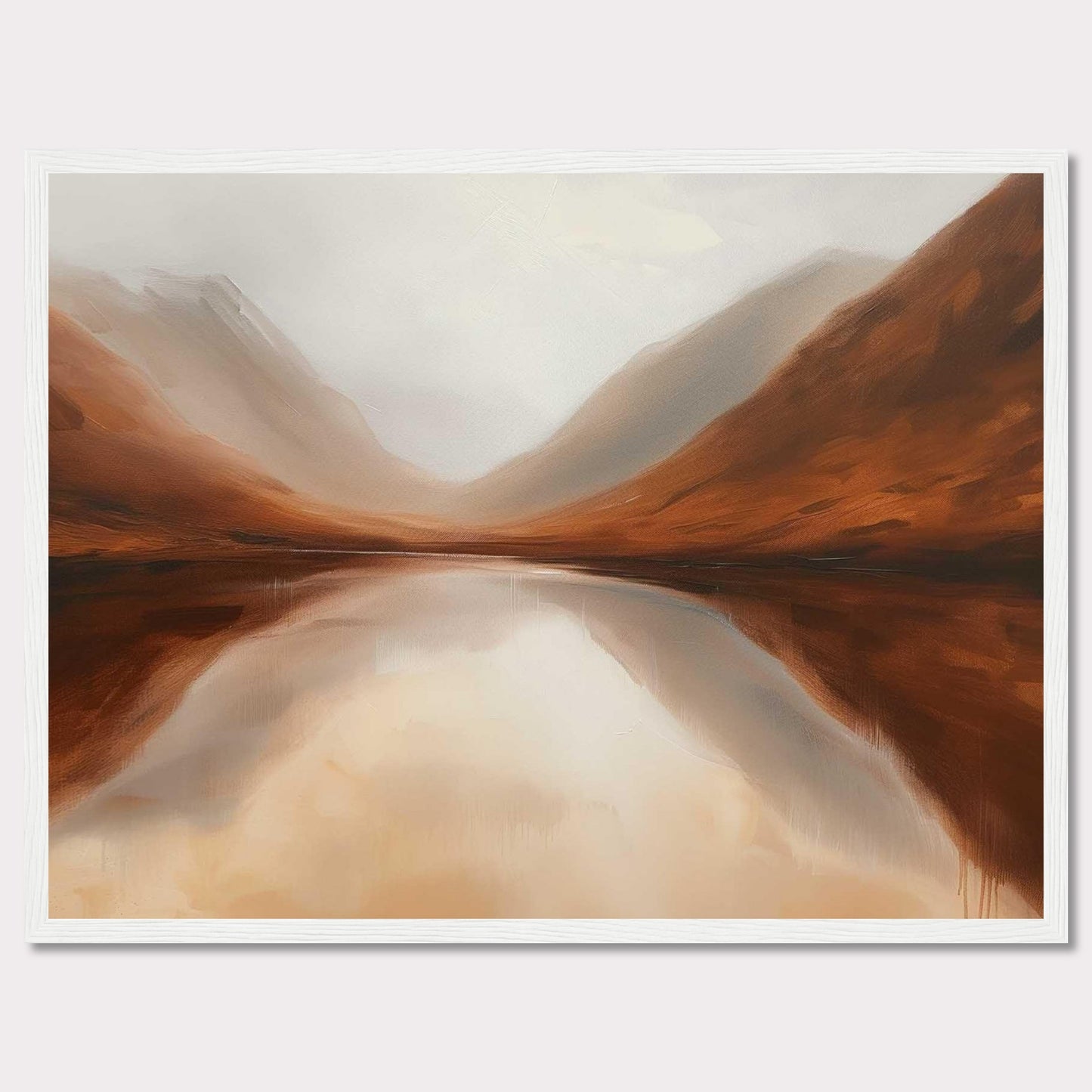 This captivating painting showcases a serene landscape with misty mountains reflected in a calm lake. The earthy tones of the mountains blend seamlessly with the soft, cloudy sky, creating a tranquil and harmonious scene.