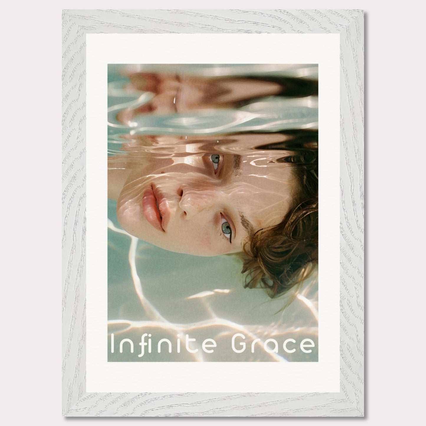 This is an illustration of a person's face partially submerged in water, creating a reflective and serene effect. The text "Infinite Grace" is displayed at the bottom of the image.

Where will this poster fit: This poster would fit well in a modern living room, a bedroom, or a creative studio space.