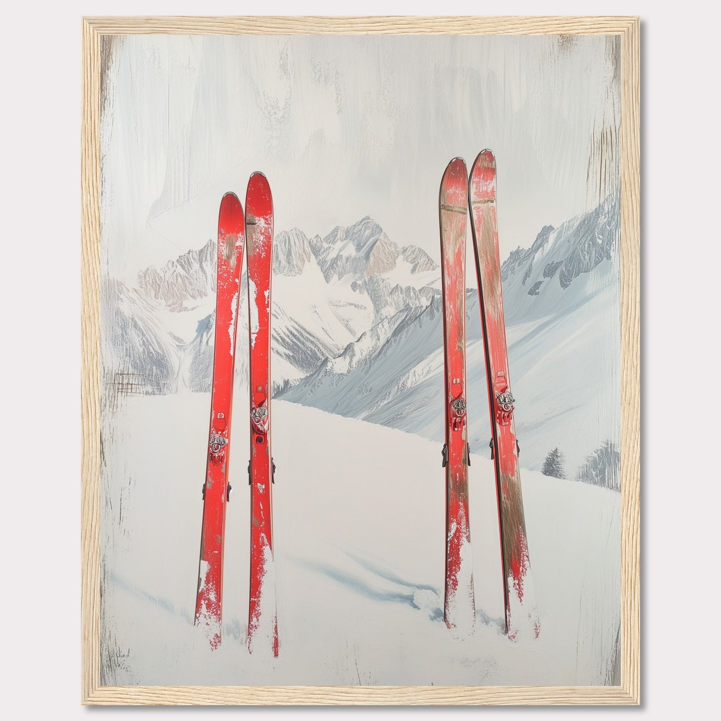 This captivating image showcases a serene winter scene with four red skis planted in the snow against a backdrop of majestic, snow-covered mountains. The skis stand out vibrantly against the white snow and the muted tones of the distant peaks. The overall composition evokes a sense of adventure and the thrill of skiing in the great outdoors.