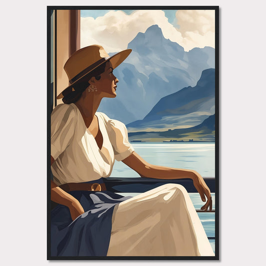 This captivating artwork features a serene woman in a white dress and wide-brimmed hat, gazing out at a tranquil lake with majestic mountains in the background. The scene evokes a sense of peace and contemplation, inviting viewers to pause and appreciate the beauty of nature.